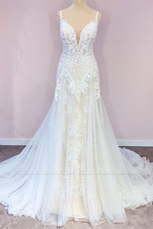 Modern Sleeveless V-Neck Mermaid Wedding Dress | Lace Wedding Dress