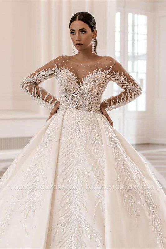 Luxe Round Neck Long Sleeves A-Line Wedding Dress with Beads