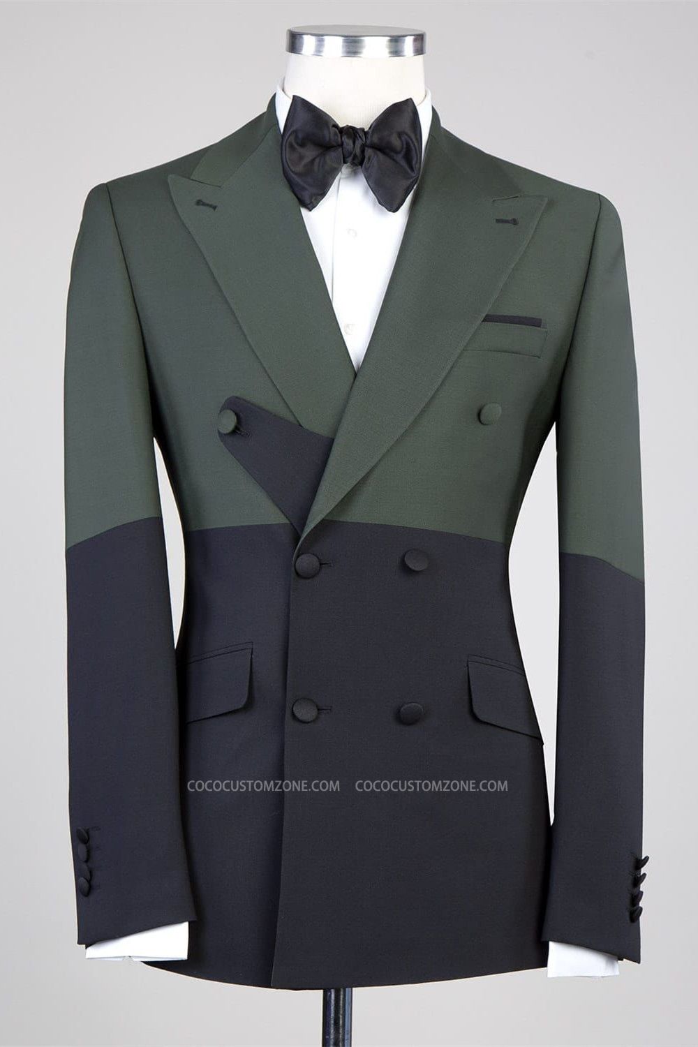 Latest Design Dark Green and Black Double Breasted Close Fitting Men Suits