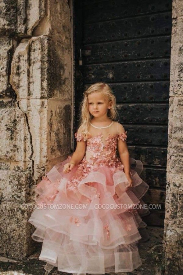 Lovely Layered Tulle Girl Dress With Short Sleeves With Flower Beauty | Little Girl Dress By Hand
