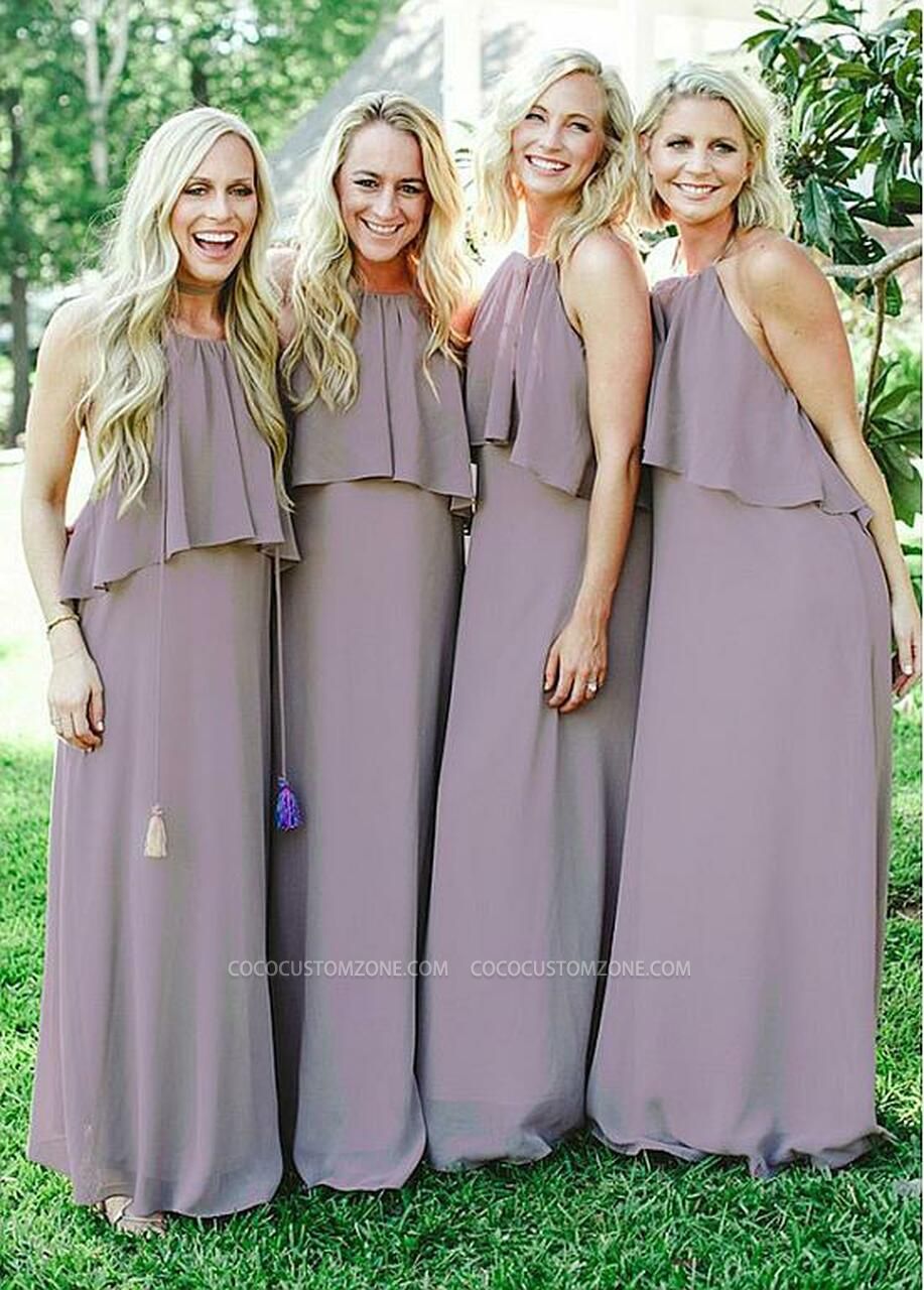 Backless Grey Chiffon Suspender A-line Bridesmaid Dress