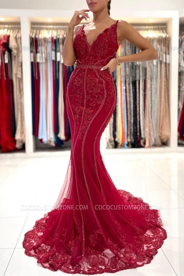 Shiny Red V-Neck Lace Long Prom Dress | Cheap Mermaid Evening Dresses