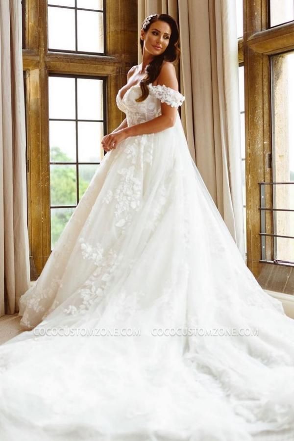 Elegant A-Line Off Shoulder Sleeveless  Lace  Bridal Gowns