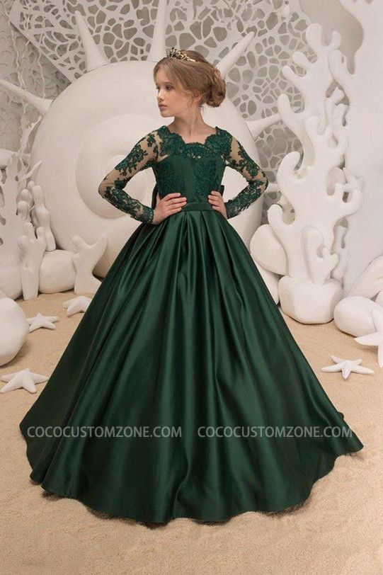Dark Green Satin Gem Lace Backless Girl Dress With Bow