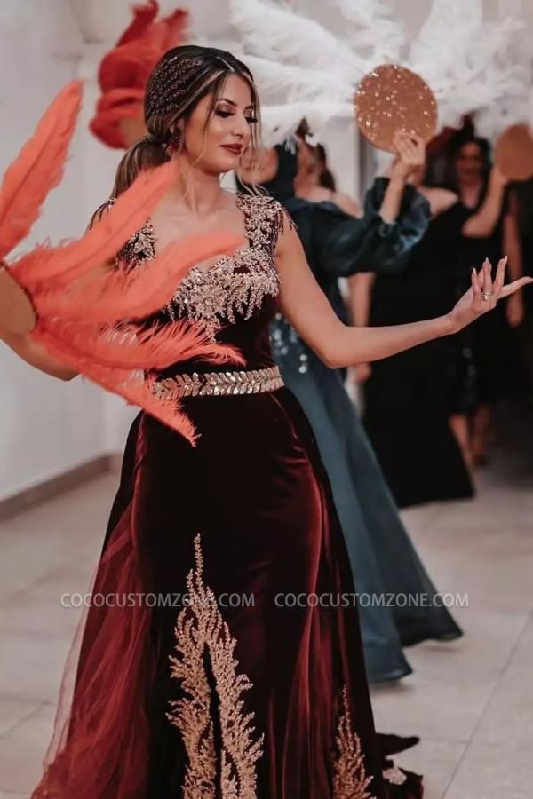 Luxurious Velvet Wide Strap Square Neck Long Sleeves Evening Gown | Prom Dress Long Cheap