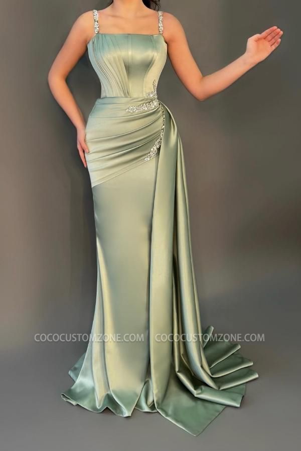 Sage Satin Spaghetti Strap Floor-Length Gown