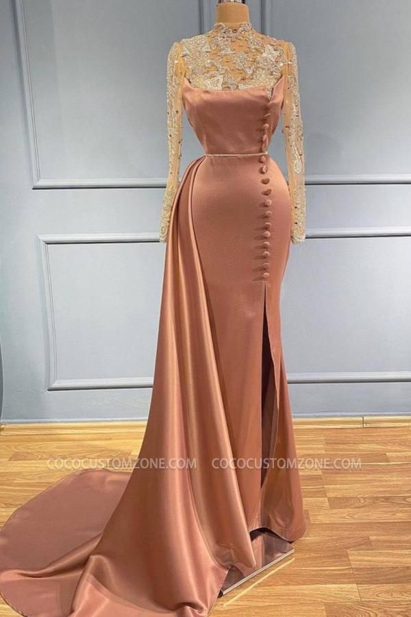 Beautiful High Neck Long Lace Sleeve Mermaid Evening Gown | Long Sleeve Ball Dress