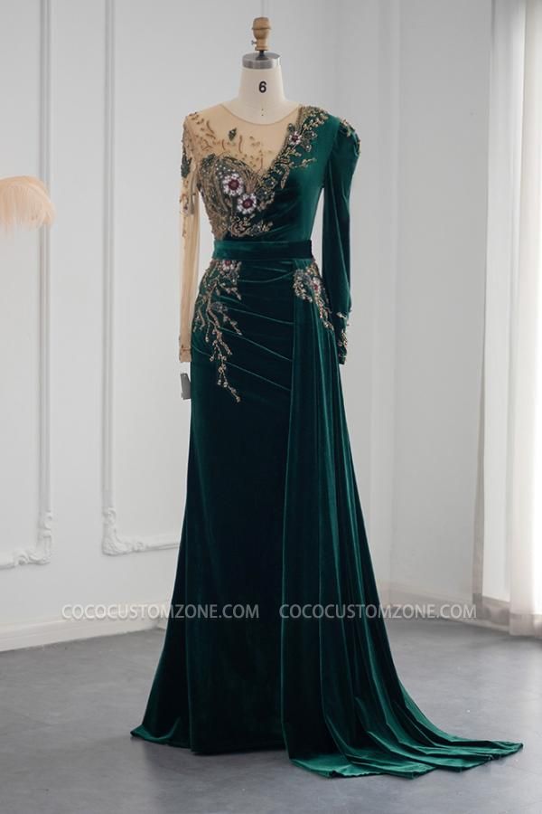 Dark Green Long Sleeve Jewel Appliqu茅d Mermaid Evening Gown Prom Dress