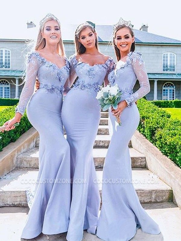 Lavender Flower Lace Long Long Sleeves Mermaid Bridesmaid Dresses