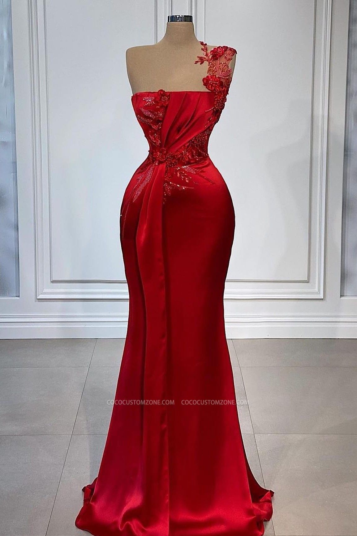 Gorgeous Red One Shoulder Long Mermaid Evening Gown | Glitter Satin Ball Gown