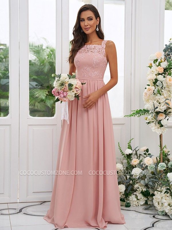 Chiffon Long Square Sleeveless Evening Dresses With Lace