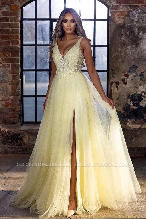 Cheap yellow tulle ball gown with long V-neck | A-line slit evening dress