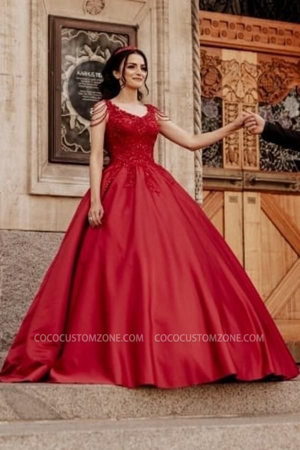 Red A-line Cap Sleeve Floor Lace Wedding Dress with Beads
