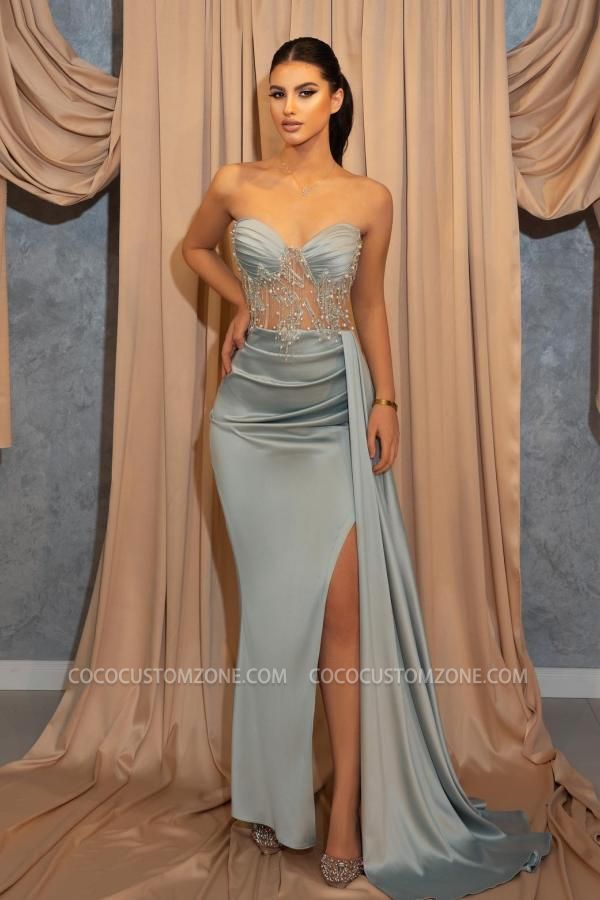 Sexy Bag Hip Split Sweetheart Long Blue Evening Gown | Glitter Ball Gown