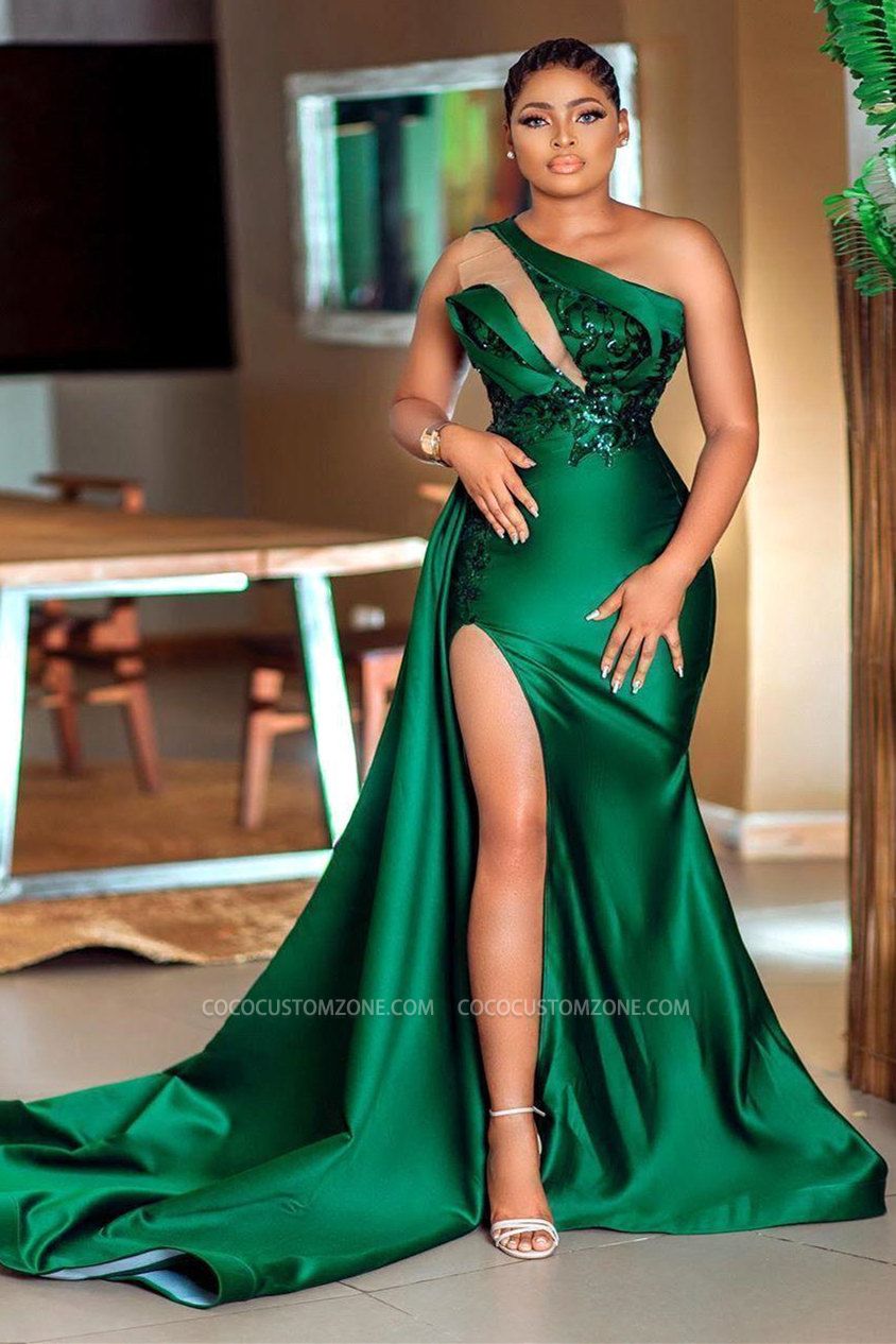 Green Sexy Long Side Slit Evening Gown | Chic One Shoulder Prom Dress