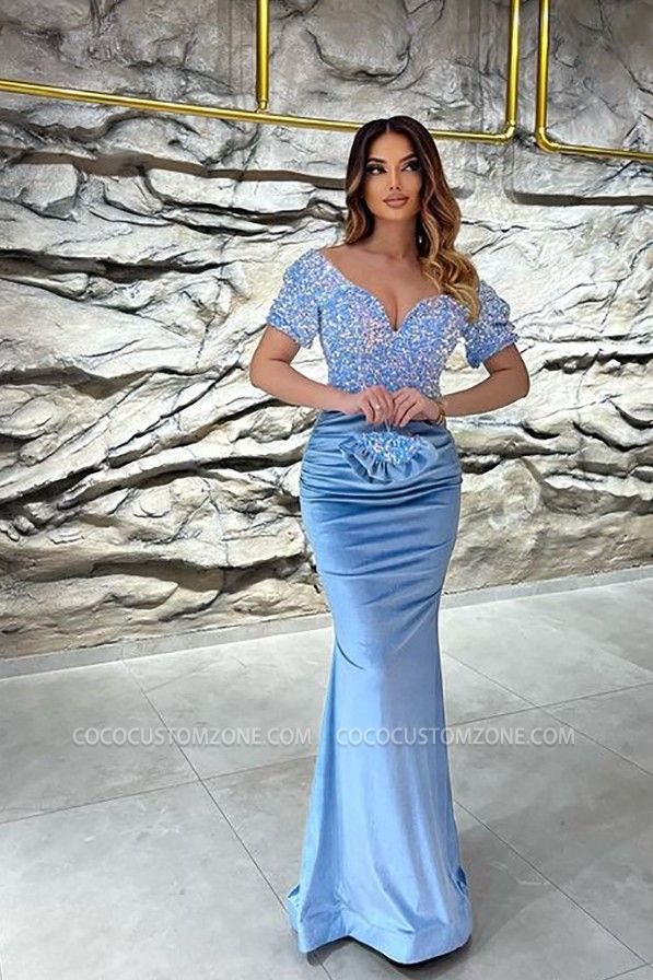 Sky Blue Long Sequined Short Sleeve Velvet Ball Gown | Glittery Evening Gown