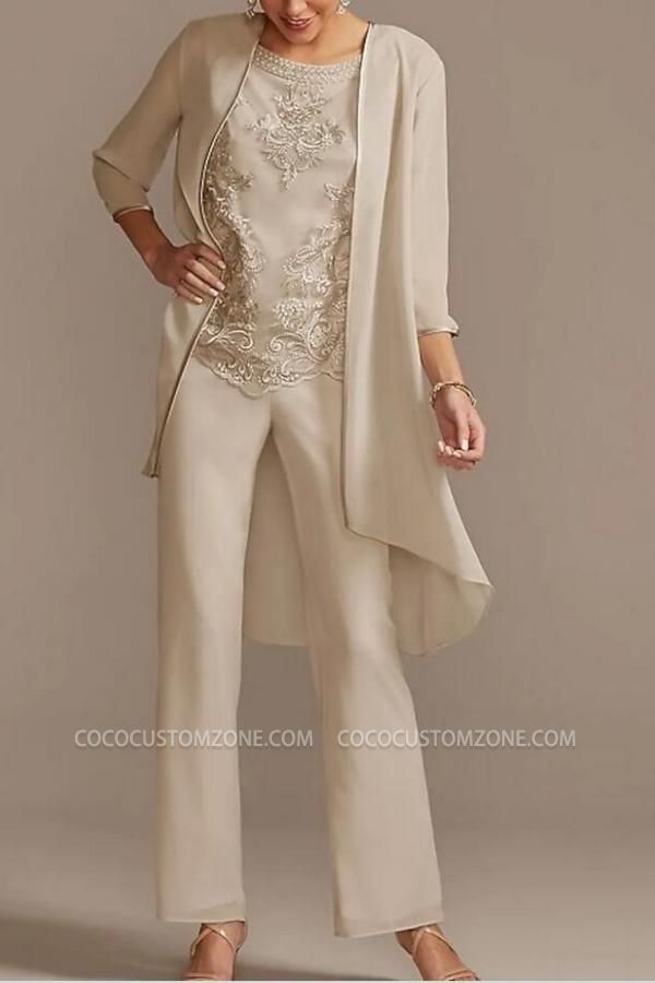 Jumpsuit/Pants Separate Scoop Neck Floor Chiffon Lace Mother of the Bride Dress with Sequins
