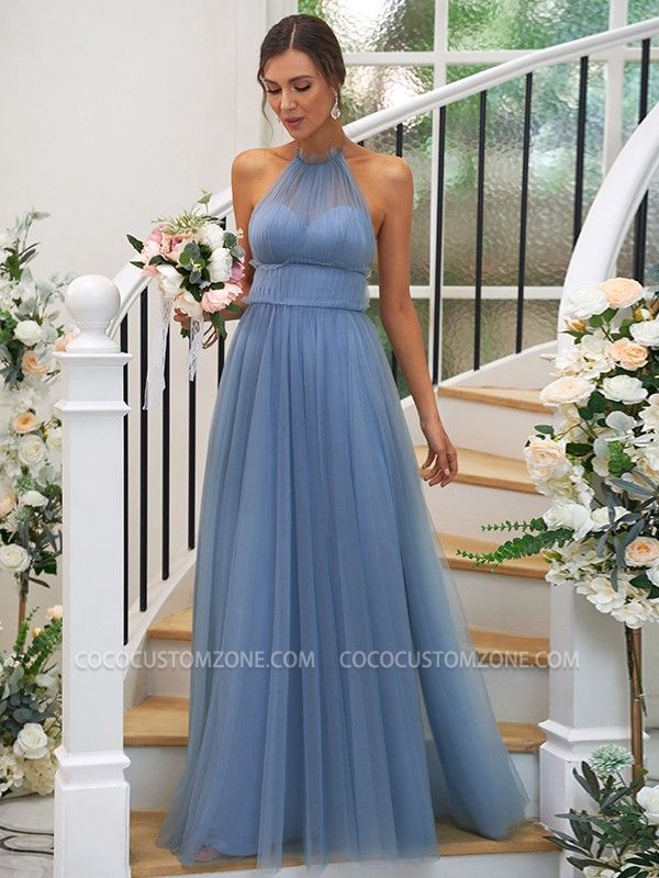 Designer Long Halter Sleeveless Evening Dresses Blue | Tulle Prom Dresses Cheap