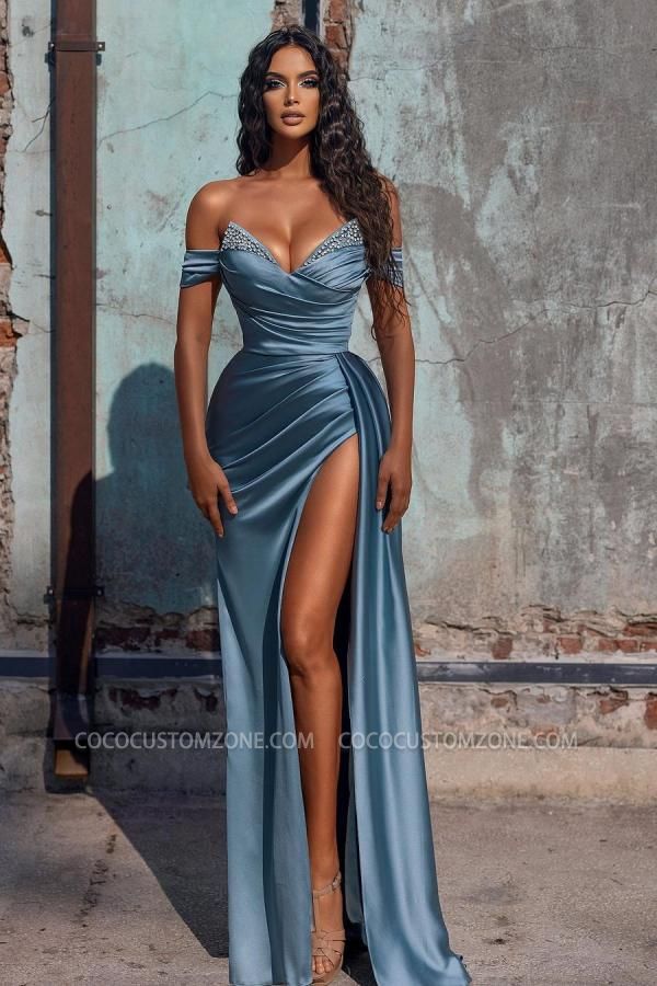 Premium Off Shoulder Satin Mermaid Prom Dress with Side Split Party Dress