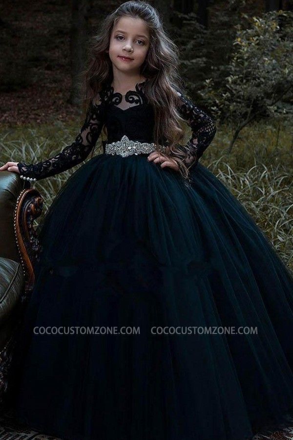 Cute Lace Long Sleeve Girl Dress With Crystal Belt