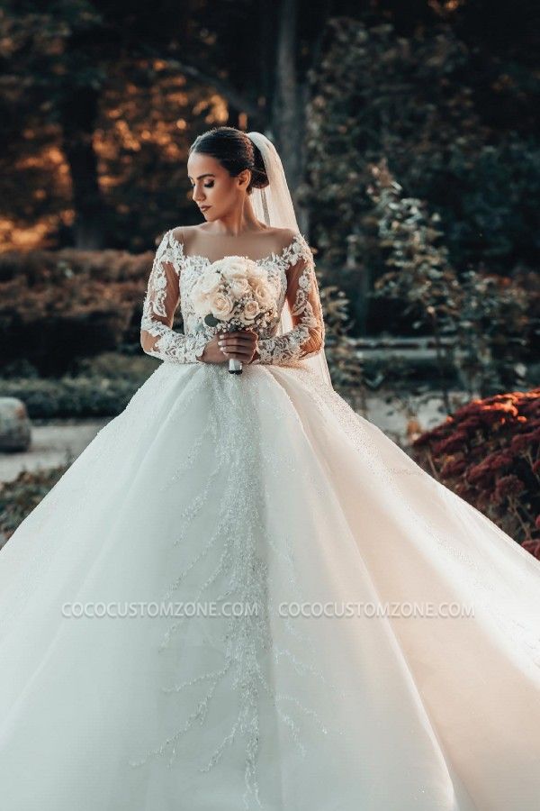 Luxury Bridal A-Line Long Sleeve Lace Princess Wedding Dress