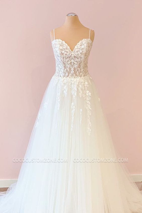 White Heart Neck Sleeveless Wedding Dress A-Line | Lace Wedding Dress
