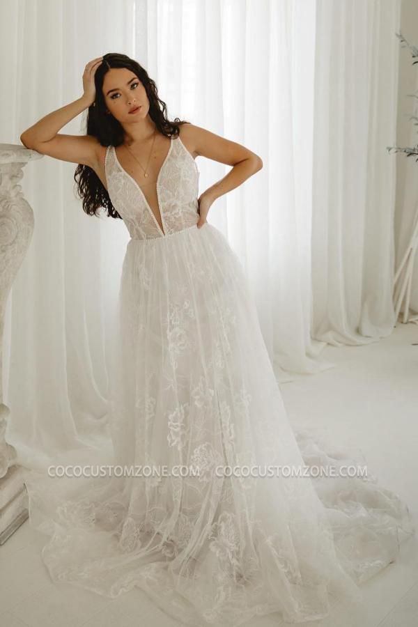 Elegant V-Neck A-Line Lace Wedding Dress