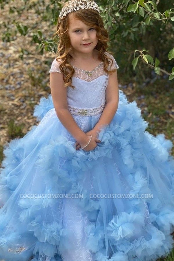 Lovely Sky Blue Ruffled Beaded Girl Dress With Flowers