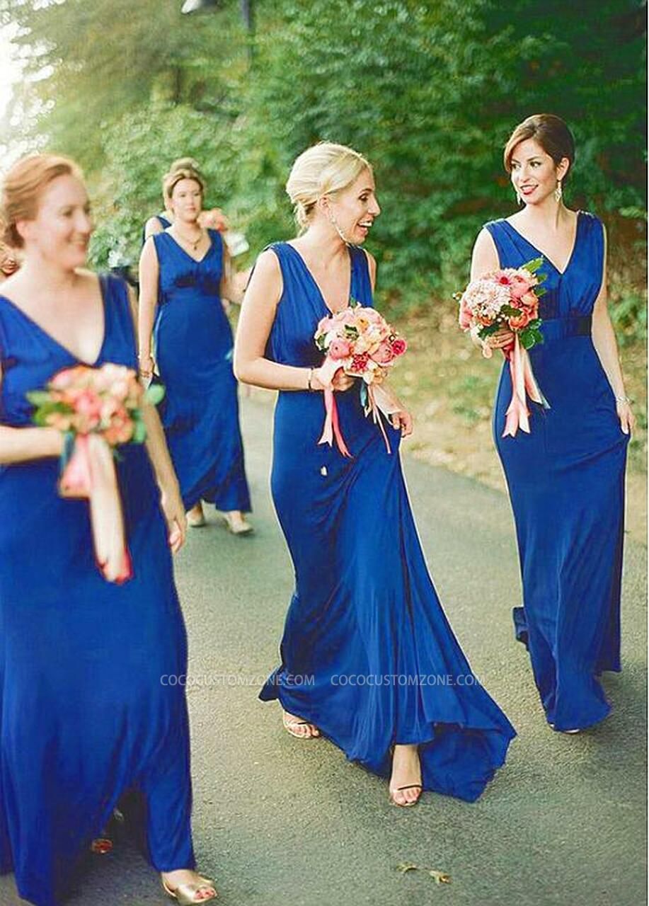 Cheap Spandex V-neck Blue Floor Length Sheath Bridesmaid Dress