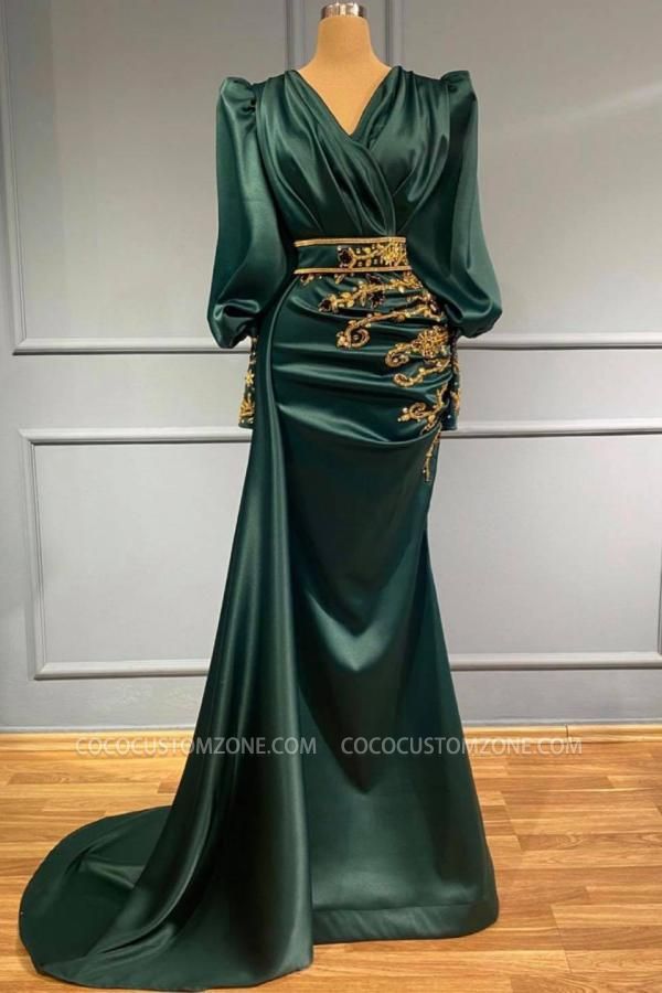 Dark Green Puff Sleeve V Neck Long Prom Dress | Cheap Evening Dresses