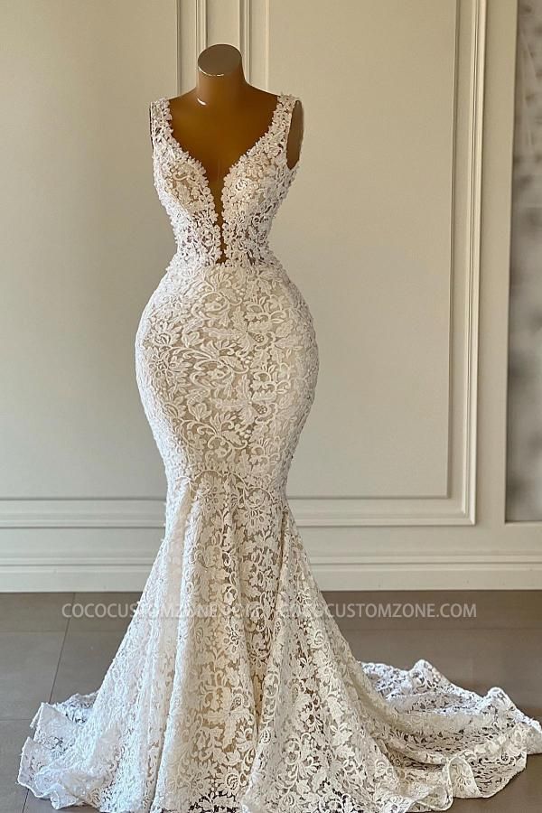 Lace Court Train V-Neck Mermaid Sexy Wedding Dress