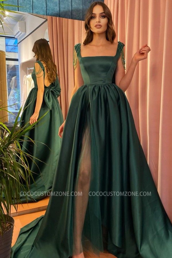 Dark Green Cheap Square Neck A-Line Slit Evening Gown | Wide Strap Prom Dress