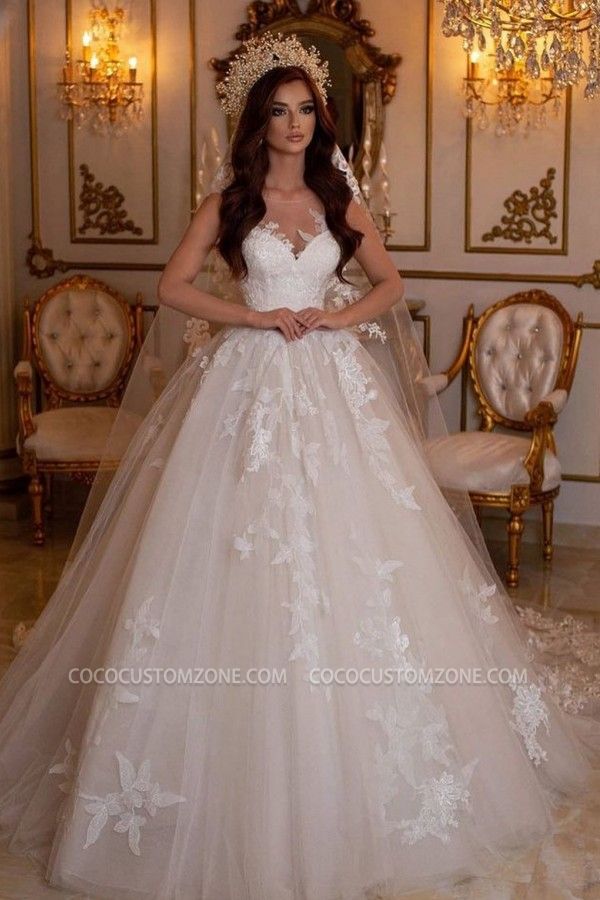 Romantic A-Line Heart Neck and Floor V Neck Lace Wedding Dress