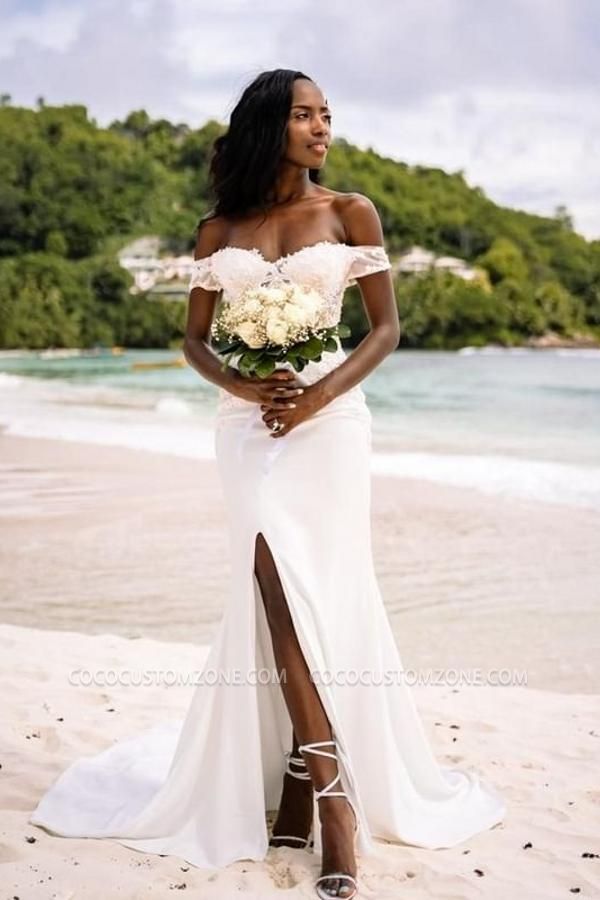 Simple Card Shoulder Heart Neck Slit Lace Wedding Dress | Summer Beach Wedding Dress