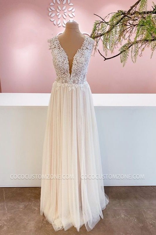 Simple wide shoulder strap V-neck sleeveless wedding dress | Fashionable lace wedding dress