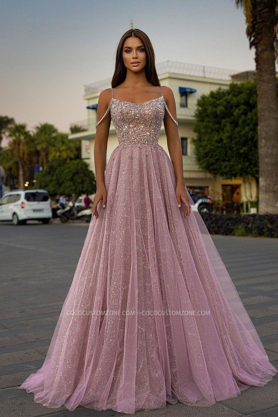 Simple Glitter Spaghetti Strap Floor Length Prom Dress | A-Line Evening Gown