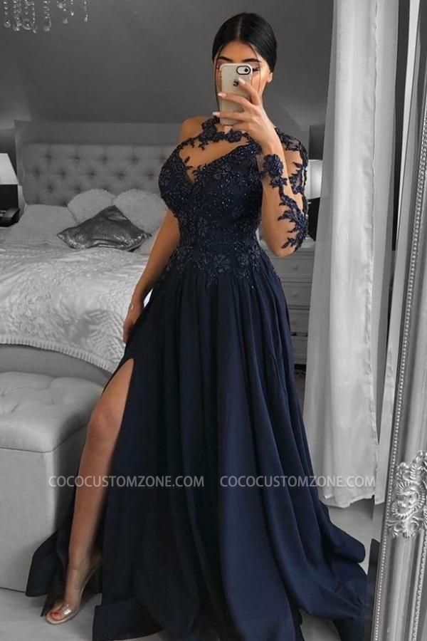 Navy Side Slit Long Sleeve Illusion Ball Gown | Long Lace Ball Gown