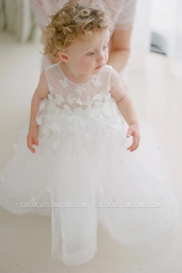 Cute Sleeveless White Tulle Lace Flower Girl Dress
