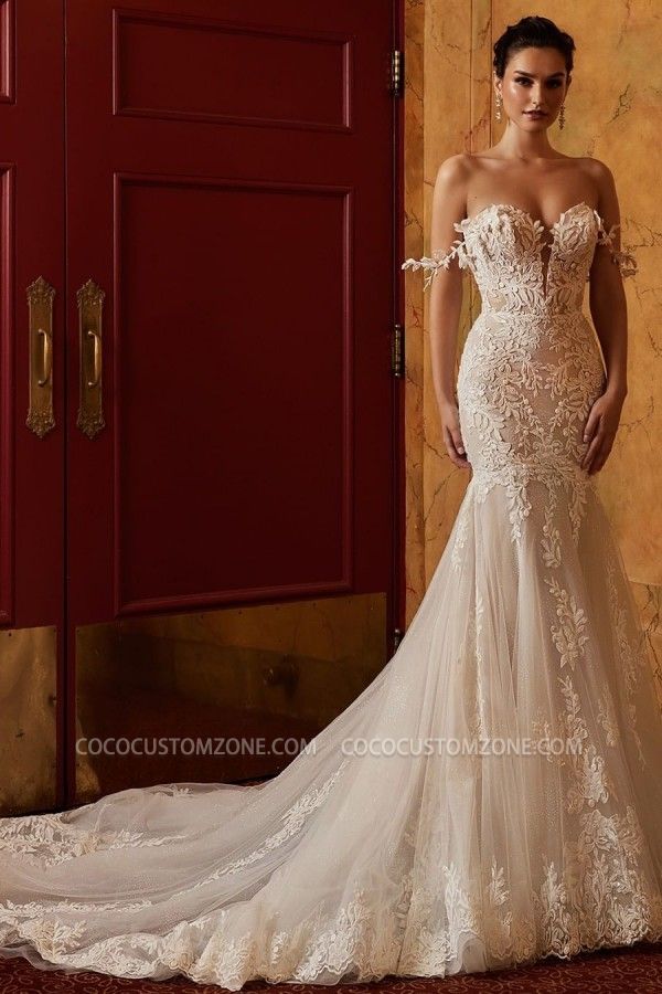 Gorgeous Off-Shoulder Floral Lace Wedding Dress | Mermaid Bridal Gown