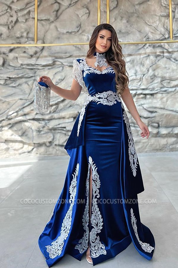 Velvet Royal Blue Long Sleeveless Turtleneck Evening Gown | Velvet Lace Prom Dress Cheap