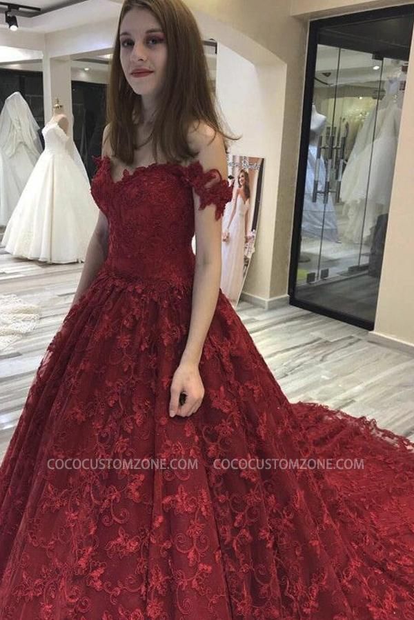 Red Off-shoulder A-line Lace Wedding Dress With Flowers