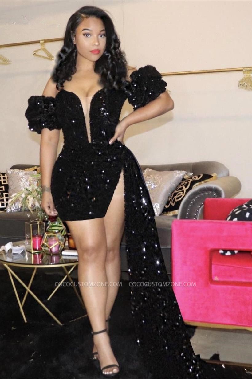 Chic Black Sequin V-Neck Off Shoulder Puff Sleeve Asymmetric Evening Gown
