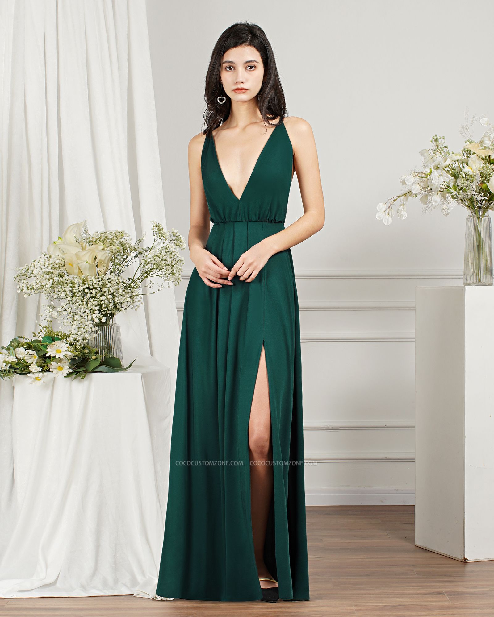 Chiffon Dark Green V-Neck Side Slit Floor Length Prom Dress | Cheap Evening Dresses