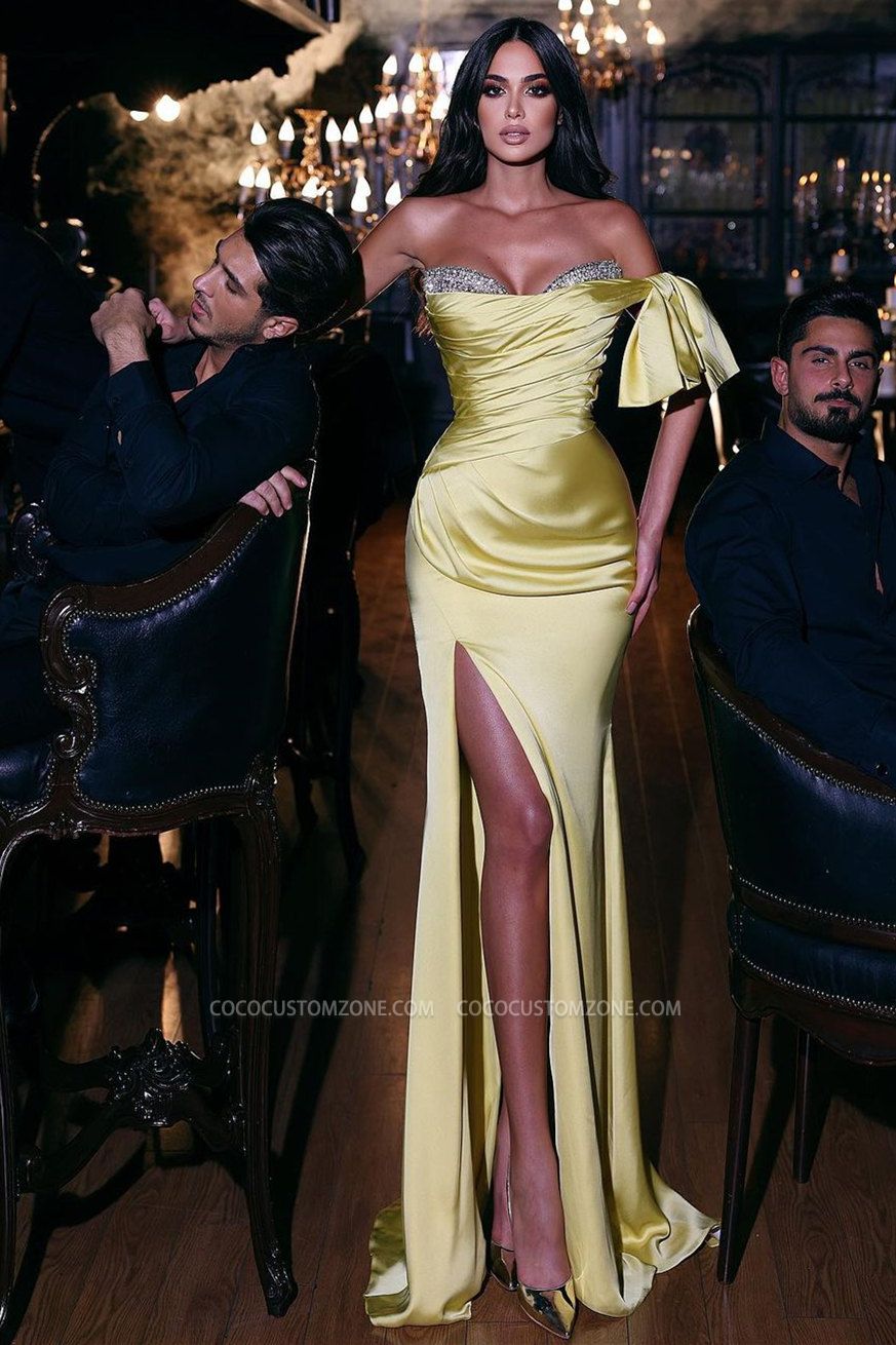 Yellow Long Side Slit Sweetheart Neck Evening Gown | Glitter Ball Gown with Ruffles