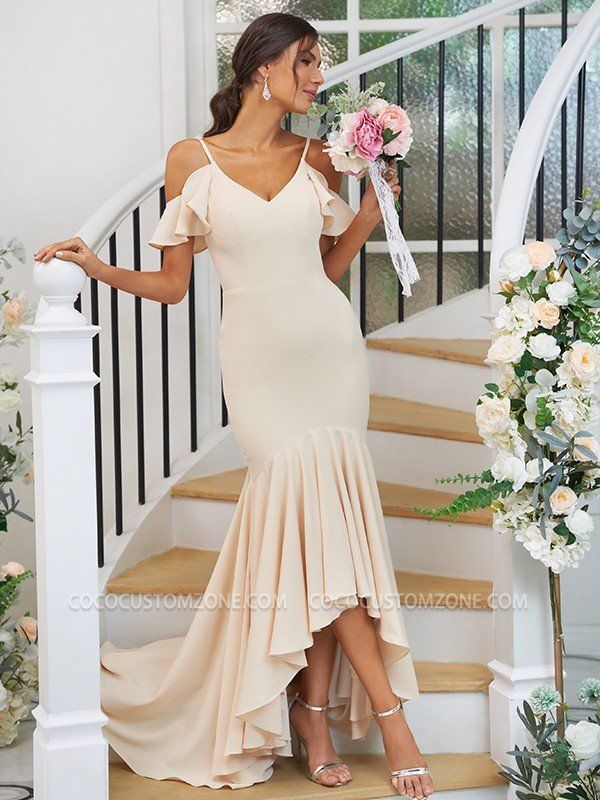 Cascading Ruffles Asymmetrical Mermaid Bridesmaid Dresses