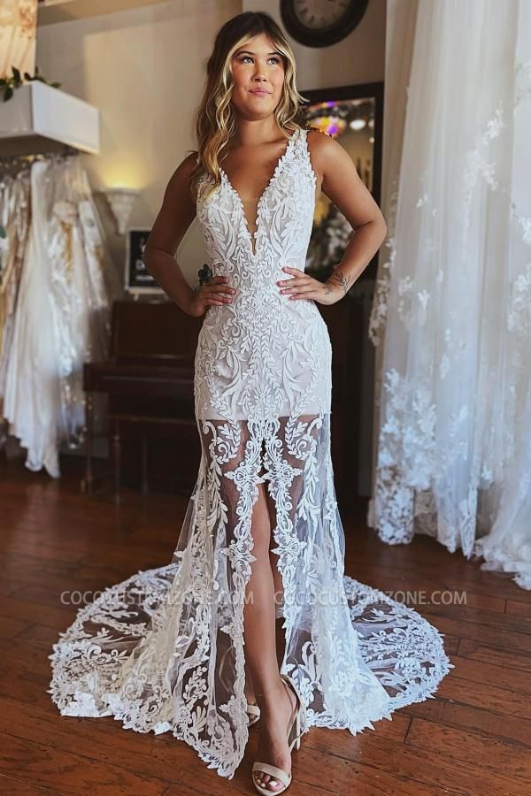Fashion Lace Front Split Mermaid Wedding Dress