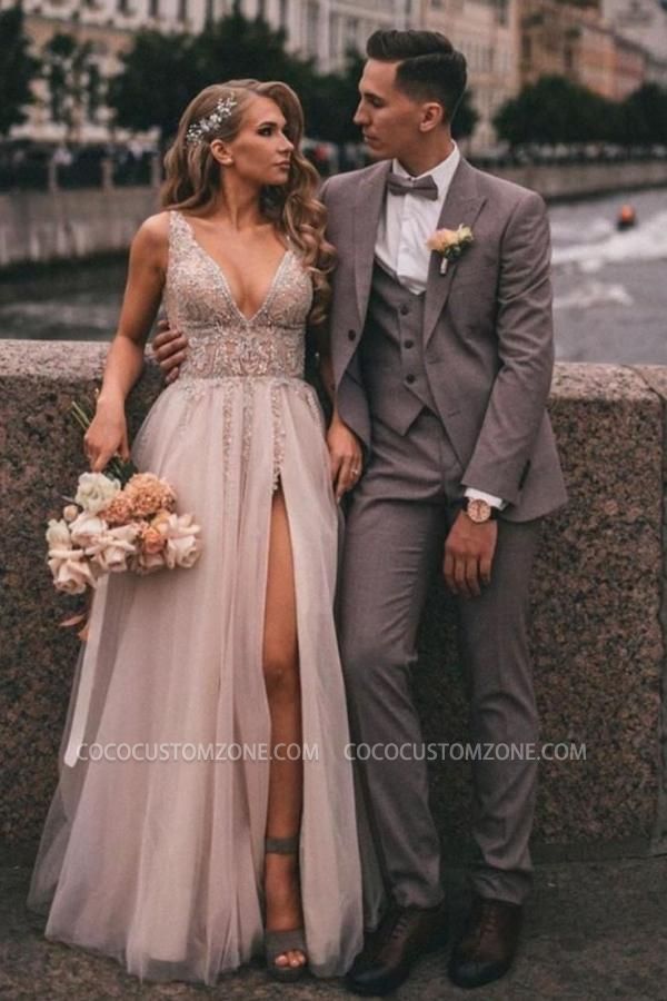Bohemian Side Slit Long V Neck Tulle Wedding Dress | High Waist Lace Wedding Dress