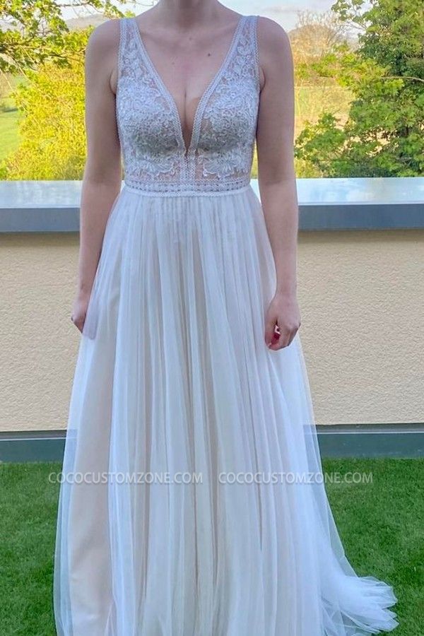 Simple A-neck V-neck lace wedding dress | cheap bohemian wedding dress