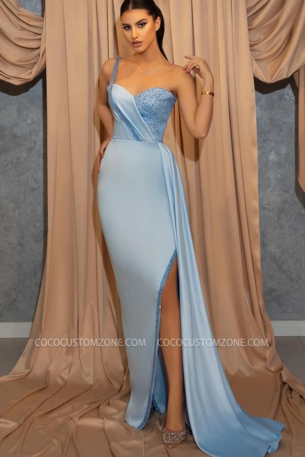 Beautiful One Shoulder Sweetheart Neck Long Blue Mermaid Side Slit Prom Dress