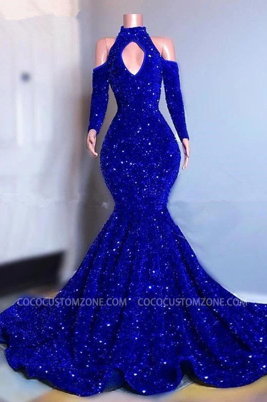 Halter Neck Thin Shoulder Floral Lace Mermaid Ball Gown with Sequins